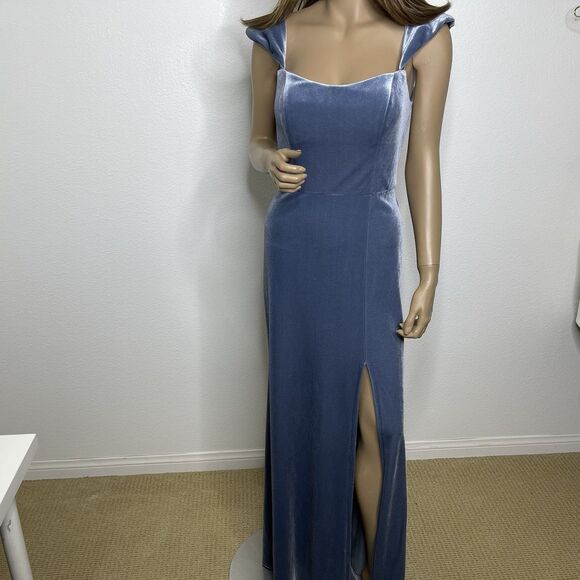 BHLDN Jenny Yoo Evening Dress Sz 10 Long Issa Blue Velvet Off Shoulder Gown $290 - Picture 3 of 16
